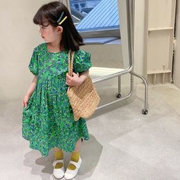 Girl's Dresses Summer Girls Dress Trimmed With Agaric Laces Green Flower Short Sleeve Sweet Princess Dress Baby Kids Children'S Clothing 230519