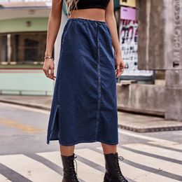 Skirts Fashion Slit Mid Length Skirt Casual Female Clothing 2023 Women Denim Summer Elastic Waist Drawstring