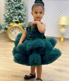Girl Dresses Emerald Green Puffy Layered Knee Length Baby Dress Flower Infant Birthday Gown Big Bow Kid Size 1-14Years