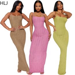 Basic Casual Dresses HLJ Knit Hollow Out Dress Spaghetti Strap Backless Slim Maxi Dresses SeeThrough Sexy Beach Party Dress Evening Vestidos Robe 230519