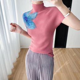 Women's T Shirts 2023 Style Corn Pleated Printed Elegant Short Sleeve Top For Women Summer Half Turtleneck Slim Fit T-shirt