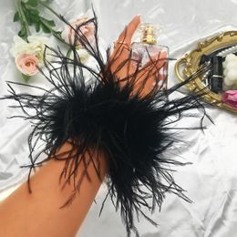 Chain Women Feather Bracelet Cuffs Wrap Stainless Steel Real Fur Ostrich Cuff Elastic Hair Band Double Layer 230518