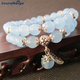 Chain JoursNeige Blue Crystal Bracelets 8mm Round Bead Lucky Tibetan Silver Leaf Pendant Bracelet for Women Multilayer Jewelry 230519