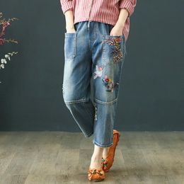 Jeans Women Jeans Pants Summer Vintage Floral Embroidery Casual High Waist Baggy Jeans Femme Light Blue Denim Harem Pants