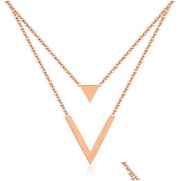 Pendant Necklaces Fashion Doubledeck Triangle And V Collar For Women Charm Stainless Steel Rose Gold Color Girls Jewelry Gift Drop D Dhhc3