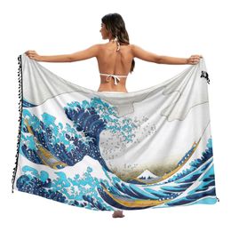 Sarongs The Great Wave of Kanagawa Twill cotton Pareo Beach Cover-Ups Women Beach Dress Bathing Swimwear Cover Up snow Sarong Scarf 230519