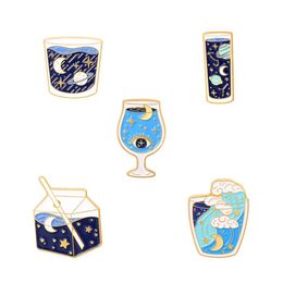 Female Stellar Map Glass Milk Cup Model Brooches Planet Moon Wave Alloy Enamel Lapel Pins European Women Backpack Clothes Badge Br2900
