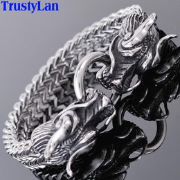 Bracelets Double Dragon Head Man Bracelet For Men Friendship Men's Bracelets Punk Rock 11MM Stainless Steel Franco Chain Male Jewellery 8.8"