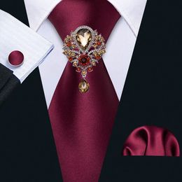 Neck Ties Red Satin Silk Tie Brooches Men Wedding Hanky Set Barry wang Fashion Designer Solid Neckties for Gift Party 230519