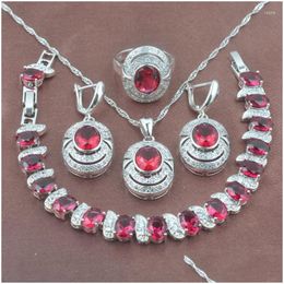 Earrings Necklace Set Bridal Jewelry Rose Red Zirconia Womens 925 Sterling Sier Bracelet Pendant Ring Yz0101 Drop D Dhgarden Dhm4U