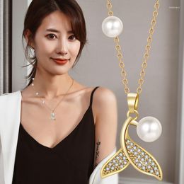 Pendant Necklaces 2023 Titanium Steel Necklace Fishtail Pearl Jewellery Fashion Clavicle Chain Crystal For Women Accessories