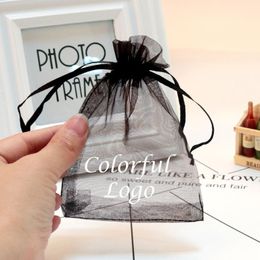 Display 100Pcs Customized personalized black Drawstring Organza Bags small Pouches Jewelry Package Bags jewels yarn Gift Bag