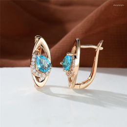 Hoop Earrings Cute Female Light Blue Zircon Luxury Crystal Water Drop Stone Champagne Gold Colour Wedding For Women