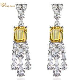 Knot Wong Rain 100% 925 Sterling Silver Emerald Cut Citrine High Carbon Diamonds Gemstone Drop Dangle Earrings Fine Jewelry Wholesale