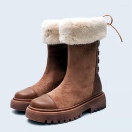 Boots Mid-tube Snow Women's Winter Lace-up Thick-soled Thickened Warm Plus Velvet Shoes Plush Chunky Heels Female Boot