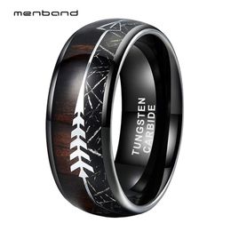 Rings Black Men Ring Tungsten Wedding Band With Arrow Black Meteorite Koa Wood Inlay Comfort Fit