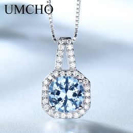 Necklaces UMCHO Created Sky Blue Topaz Gemstone For Women Solid 925 Sterling Silver Pendant Brand Fine Jewellery Gift for Wedding