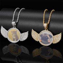 Necklaces 3mm Twist Chain Angel Wings Microset Zircon DIY Personalised Round Photo Frame Pendant Necklace Hip Hop Gift