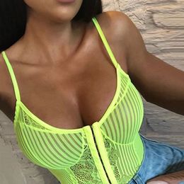Womens Jumpsuits Rompers OMSJ est Women Neon Green Orange Stripe Lace Bodysuit Sheer Sexy Floral Embroidery Playsuit Night Out outfits Party 230520