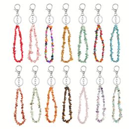 Irregular Natural Stone Key Rings Chip Beads Nuggets Fluorite Amethyst Rose Crystal Quartz Keychain Bag Car Hanging Charms