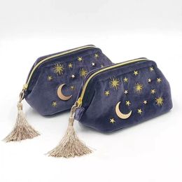 Cosmetic Bags Cases Cute Velvet Embroidery Cosmetic Bag Travel Organizer Women Makeup Bag Zipper Make Up Pouch with Moon Star Tassel Deco 230519