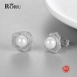 Stud Real 925 Sterling Silver Earrings Natural White Pearl Stylish Stud Earrings for Women Rose Shaped Zircon Fine Jewellery