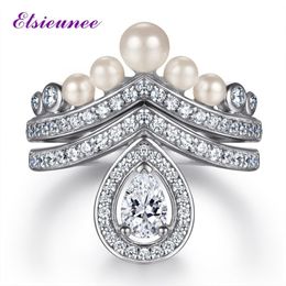 Rings ELSIEUNEE100% 925 Sterling Silver Wedding Rings Set for Women Sparking High Carbon Diamond Pearl Engagement Fine Jewellery Gifts