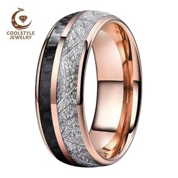 Rings Men Women Rose Gold Tungsten Wedding Band Ring With Black Carbon Fiber And Bright Meteority Inlay 8MM High Quality Comfort Fit