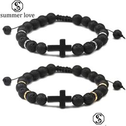 Beaded High Quality Natural Stone Agate Beads Bracelet For Men Handmade Adjustable Braided Lava Cross Charm Fashion Jewellery Drop Del Dhxma