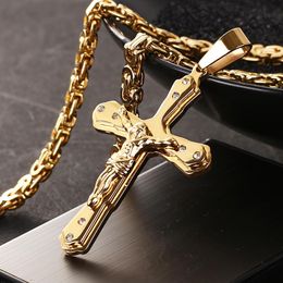 Necklaces New Arrival Jesus Cross Crystal Pendant Necklace Link Byzantine Gold Colour Stainless Steel Men Jewellery Collier 21.65" 6mm MN81