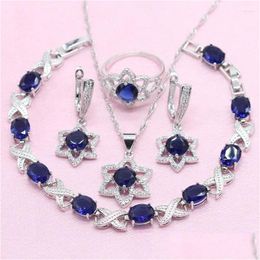 Earrings Necklace Set Star Shape Royal Blue Cz 925 Sier Bridal For Women Earring Pendant Ring Bracelet Drop Delivery Jewelr Dhgarden Dhtlr