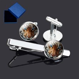 3 Pcs/set Men Suit Cufflinks Tie Clip Set Forest Tiger Lion French Cufflinks Tie Clip Set Gifts for Dad Boyfriend with Gift Box