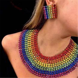 Necklaces Hyperbolic Rhinestone Multiple Rows Rainbow Wide Bib Choker Necklace Wedding Jewellery for Women Shiny Crystal Big Collar Necklace