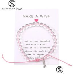 Beaded Breast Cancer Strands Awareness Clear Ocean Glass Beads Charm Bracelet With Make A Wish Card For Women Adjustable Handmade Wo Dhu9B