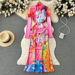 Casual Dresses Spring Retro Fashion Print Slim Wrap Fishtail Dress Women Western Long Sleeve Vintage Elegant Clothes Vestidos De Mujer J605