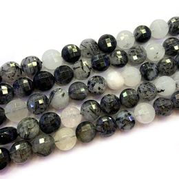 Beads 78mm Natural Black Rutilated Quartz Beads 15'' Faceted Coin Button DIY Loose Beads For Jewellery Making Women Beads Accessories