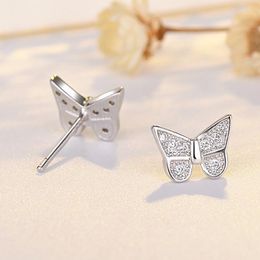 Stud Earrings Tibetan Silver Crystal Sweet Butterfly For Women 925 Needle Cartilage Tragus Lobe Teen Ear Piercing Jewelry