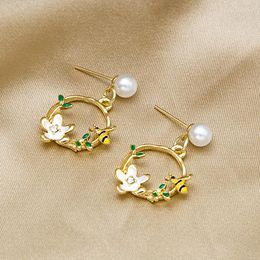 Dangle Earrings VSnow Fairy Little Bee Circle Flower Pearl For Women Creative Hollow Leafy Plants Jewellery Pendientes