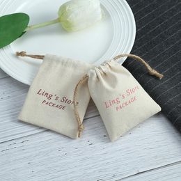 Jewellery 100pcs Custom Drawstring With Ribbon Jewellery Gift Bags Nature Cotton Canvas Packaging Pouches Wedding Favour Candy Bag