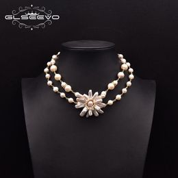 Necklaces GLSEEVO Natural Baroque Freshwater Pearl Necklace For Woman Wedding Gift Double Necklace Flower Style Fashion Jewellery GN0272