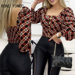 Womens Blouses Shirts Women Elegant Square Neck Long Lantern Sleeves Plaid Button Working Blouse Tops 230519