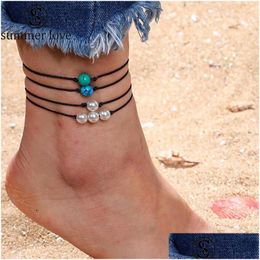 Anklets 4Pcs/Set New Pearl Blue Green White Turquoise Anklet For Women Bohemian Handmade Woven Wax Rope Adjustable Bracelet Drop Del Dh3E9