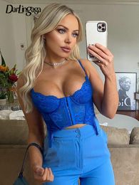 Womens Tanks Camis Darlingaga Y2K Fashion Strap Skinny Blue Corset Lace Top Female Backless Bandage Sexy Crop Tops Transparent Hook Bralette 230519