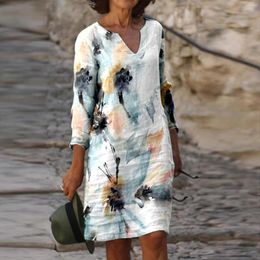 Casual Dresses Women Floral Print Dress Loose Beach Sundress Cotton Linen Mid Length V Neck Long Sleeve Graceful Oversized Boho Vestido