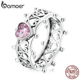 Rings Bamoer 925 Sterling Silver Vintage Love Ring for Women Stackable Hollow Heart Pink Crystal Princess Ring Fine Jewelry