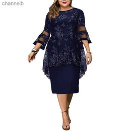 Casual Dresses Womens Plus Size Curve Party Dress Lace Floral Crew Neck Print 3/4 Length Flared Sleeve Elegant Formal Midi Dress Cocktail Dress L230520