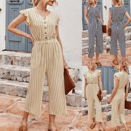 Womens Jumpsuits Rompers Striped Feminine Jumpsuit Summer Beach Leisure Bohemian Ruffle High Waist Fashion 230520