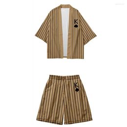 Ethnic Clothing Japanese Cardigan Women Men Cosplay Khaki Yukata Two-piece Suit 4XL 5XL 6XL Loose Stripe Harajuku Samurai Kimono Shorts Sets