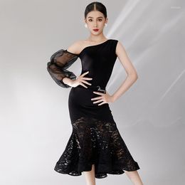 Stage Wear Girls Ballroom Dance Competititon Dress Single Puff Sleeve Tops Skirt Standard Waltz Costume Tango Outfit 5635
