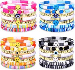 Bracelets 28 Pcs 4 Set Bracelets Set Colourful Preppy Happy Smile Evil Eye Beaded Stretch Bracelets Clay Stackable Boho Disc Bracelets
